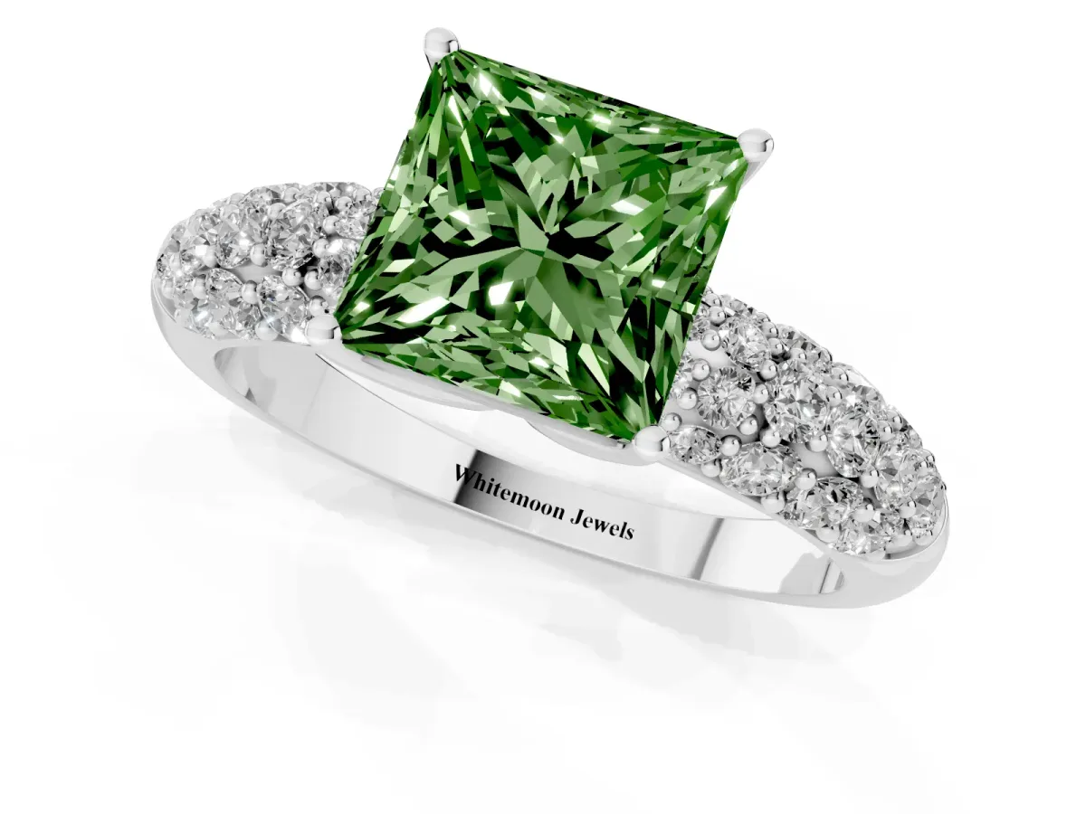 Fancy Green Princess Cut Diamond Pavé Band Solitaire Ring with Four-Prong Setting Silver