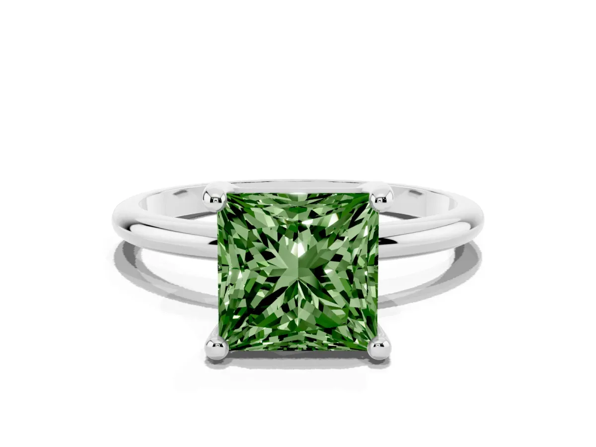 Fancy Green Princess Cut Solitaire Diamond Ring with 4-Prong Setting on a Classic Band Platinum