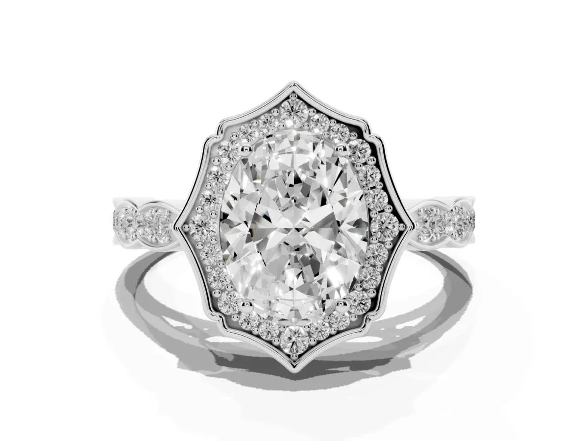 Oval Cut Halo Diamond Engagement Ring with Milgrain Band and Four-Prong Setting Silver