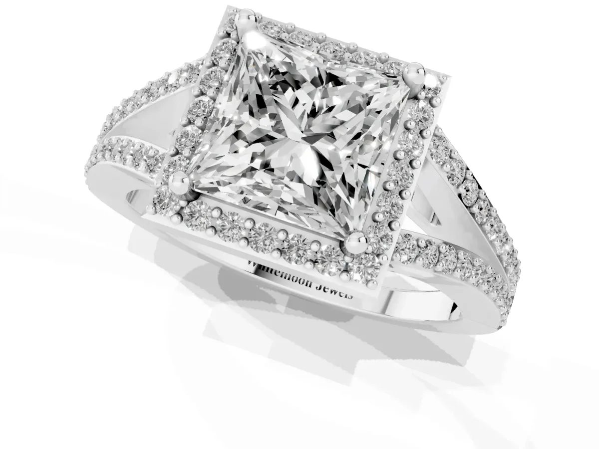 Princess Cut Halo Split Shank Pave Diamond Ring with Four-Prong Setting Platinum