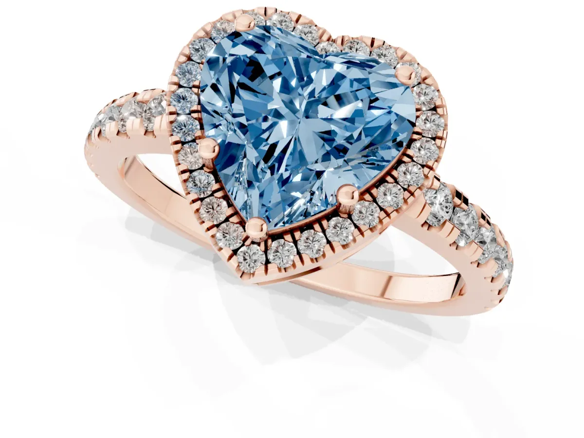 Fancy Blue Heart Cut Diamond Halo Ring with Pavé Band and Four-Prong Setting Rose gold