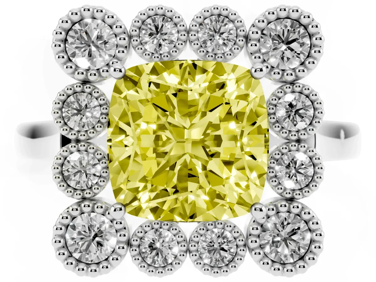 Fancy Yellow Cushion Cut Halo Diamond Cluster Engagement Ring with Milgrain Bezel Setting and Solitaire Band Silver