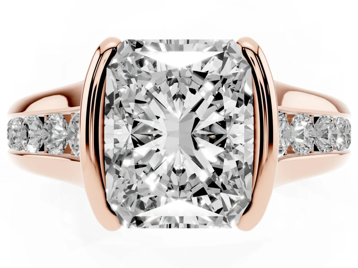 Radiant Cut Solitaire Bezel-Set Diamond Ring with Channel-Set Band Rose gold