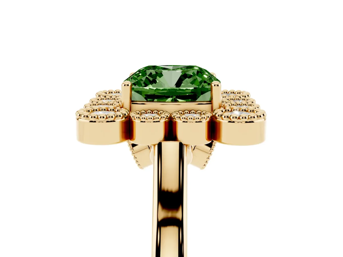 Fancy Green Cushion Cut Halo Diamond Cluster Engagement Ring with Milgrain Bezel Setting and Solitaire Band Yellow gold