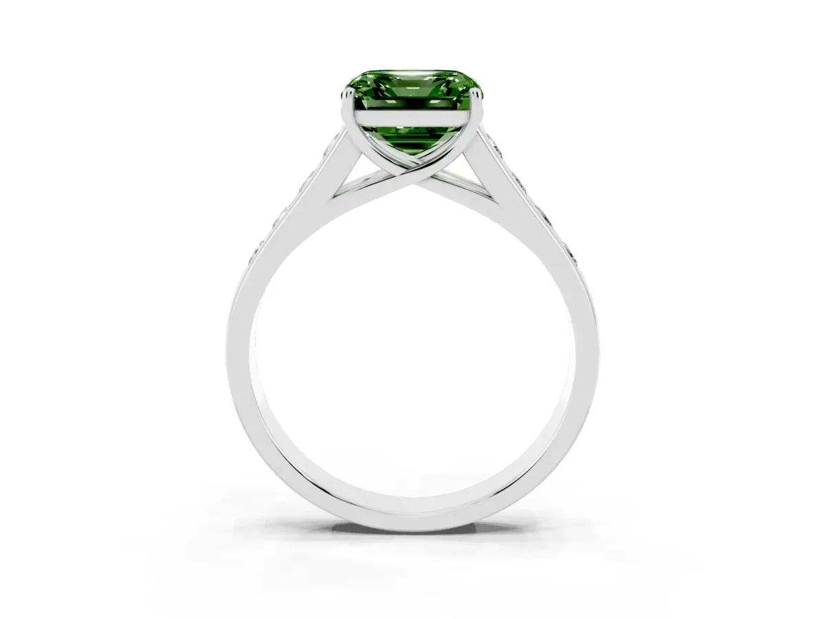 Fancy Green Asscher Cut Brilliant Channel-Set Solitaire Ring with Four-Prong Setting Silver