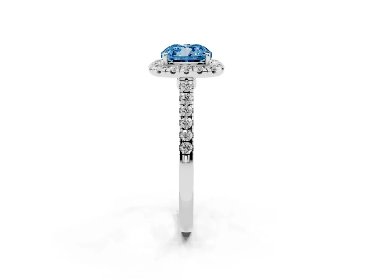 Fancy Blue Cushion Cut Halo Pave Diamond Engagement Ring with Four-Prong Setting Silver