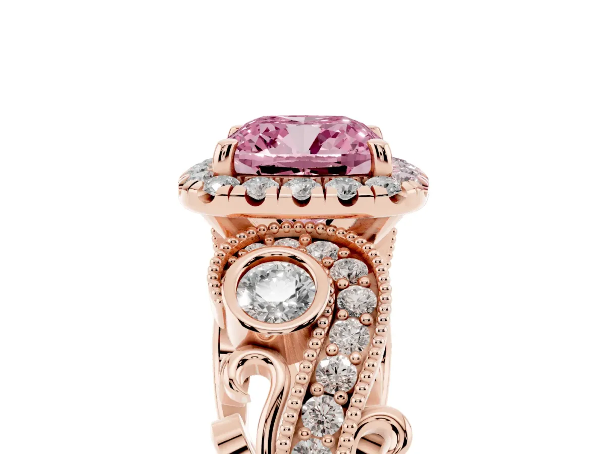 Fancy Pink Cushion Cut Halo Diamond Ring with Milgrain and Bezel Accents on a Split Shank Band Rose gold