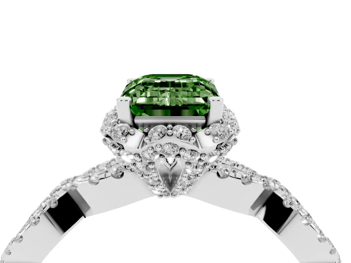 Fancy Green Emerald Cut Halo Twist Band Solitaire Ring with Six-Prong Setting Silver