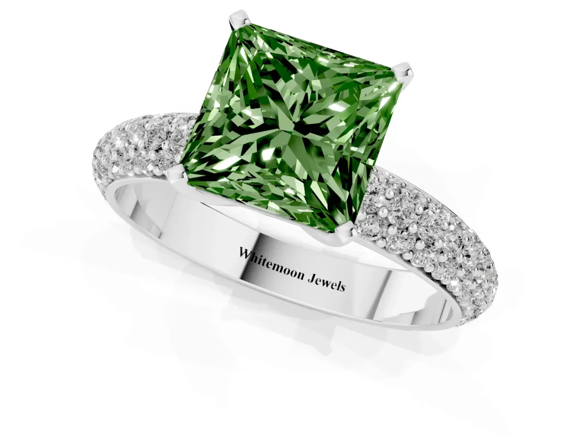 Fancy Green Princess Cut Diamond Solitaire Ring with Prong Setting and Pavé Band Silver