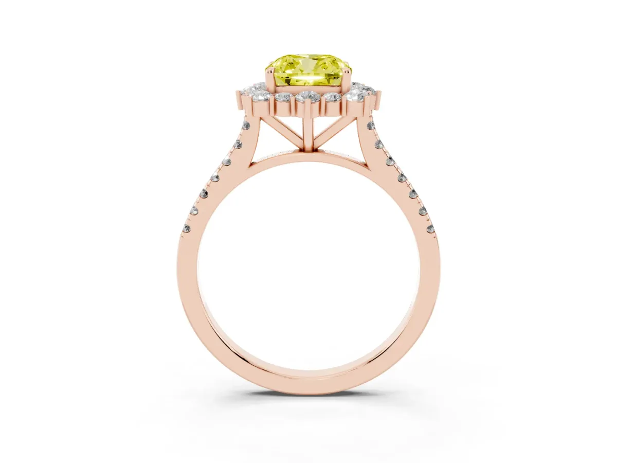 Fancy Yellow Cushion Cut Halo Diamond Ring with Pavé Band and Prong Setting Rose gold