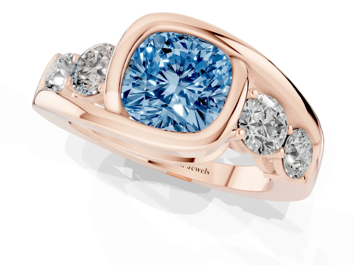 Fancy Blue Bezel Set Cushion Cut Diamond Bypass Ring with Round Accents Rose gold