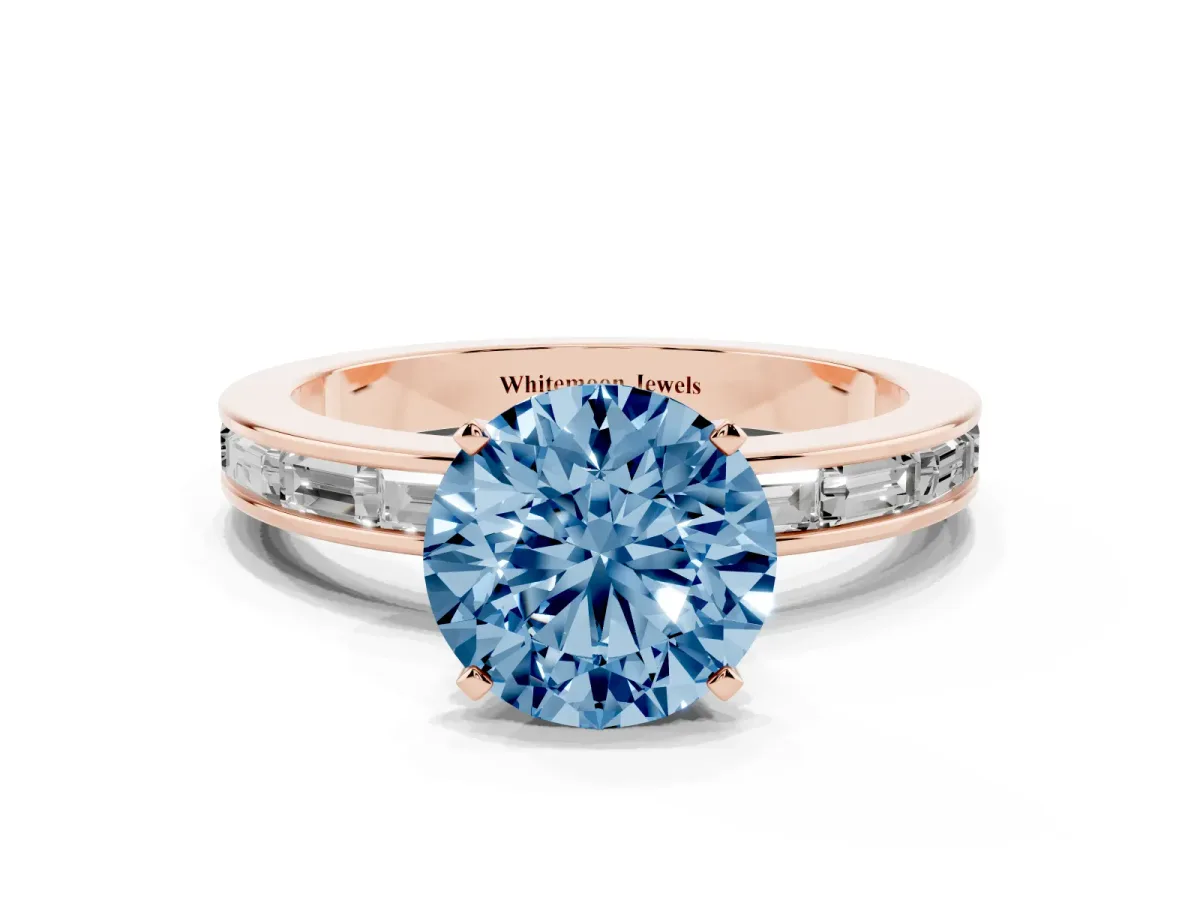 Fancy Blue Round Cut Solitaire Diamond Ring with Channel-Set Baguette Band and Four-Prong Setting Rose gold