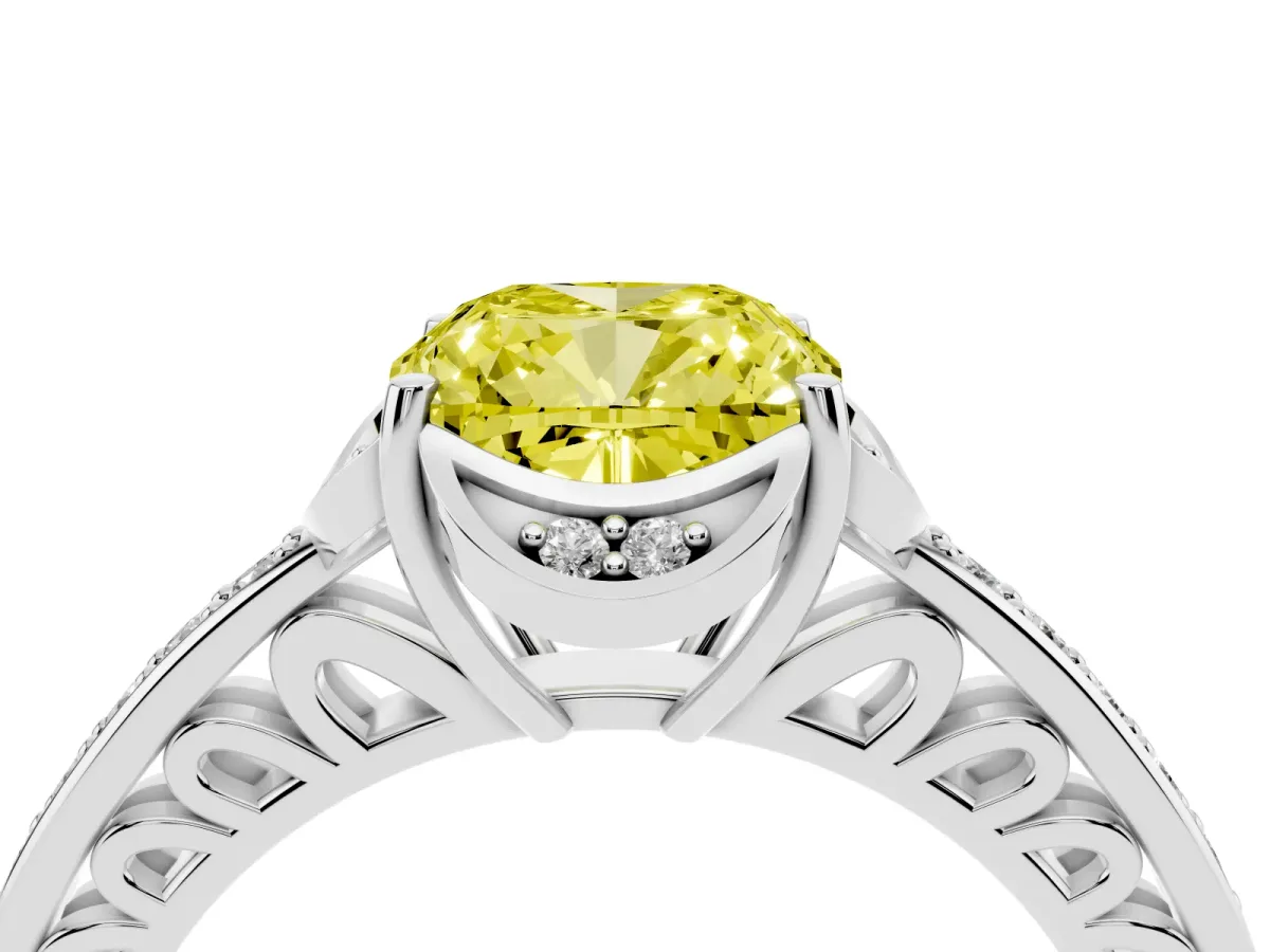 Fancy Yellow Cushion Cut Cut Halo Diamond Ring with Channel Set Band and Four-Prong Setting White gold