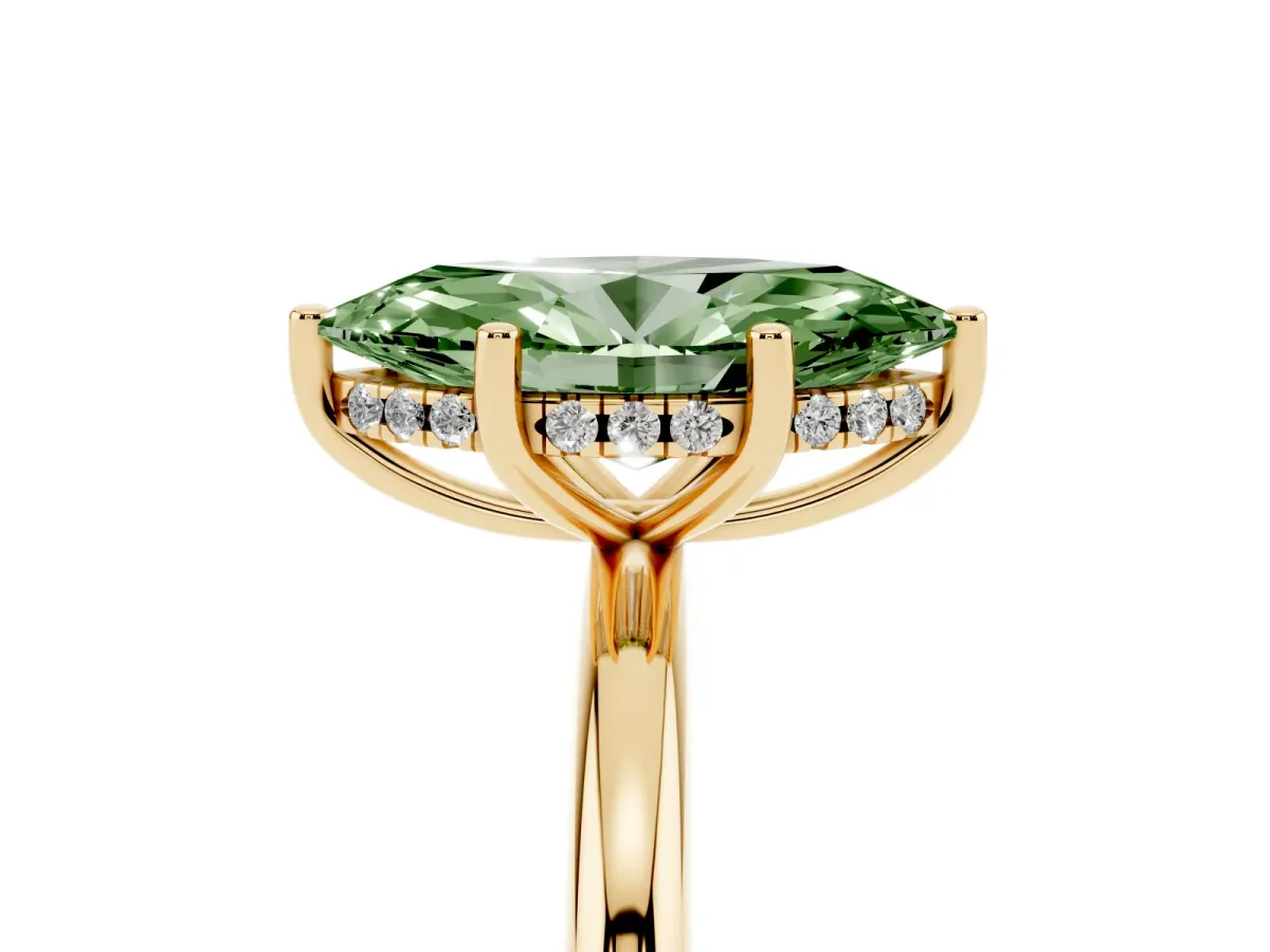 Fancy Green Marquise Cut Cut Solitaire Engagement Ring with Four-Prong Setting and Classic Band Yellow gold