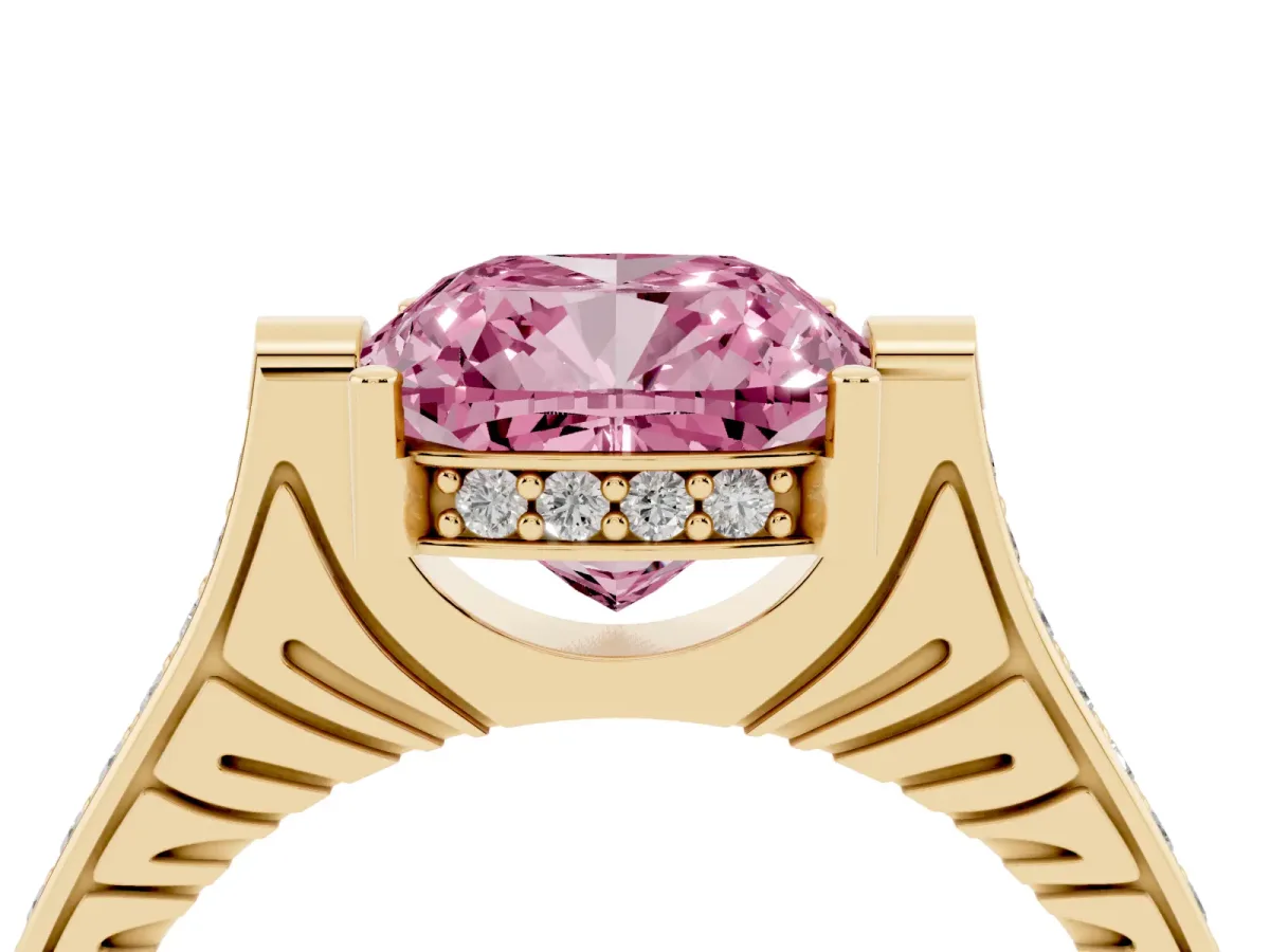 Fancy Pink Cushion Cut Solitaire Diamond Ring with Channel Set Band and Bezel Prong Setting Yellow gold