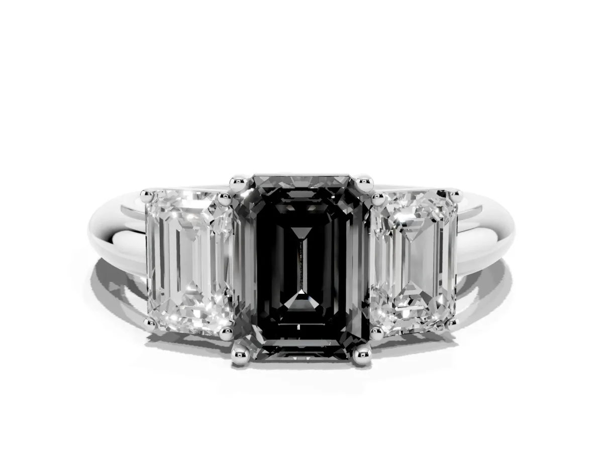 Fancy Black Three-Stone Emerald Cut Cut Diamond Engagement Ring with Prong Setting on a White Gold Band White gold