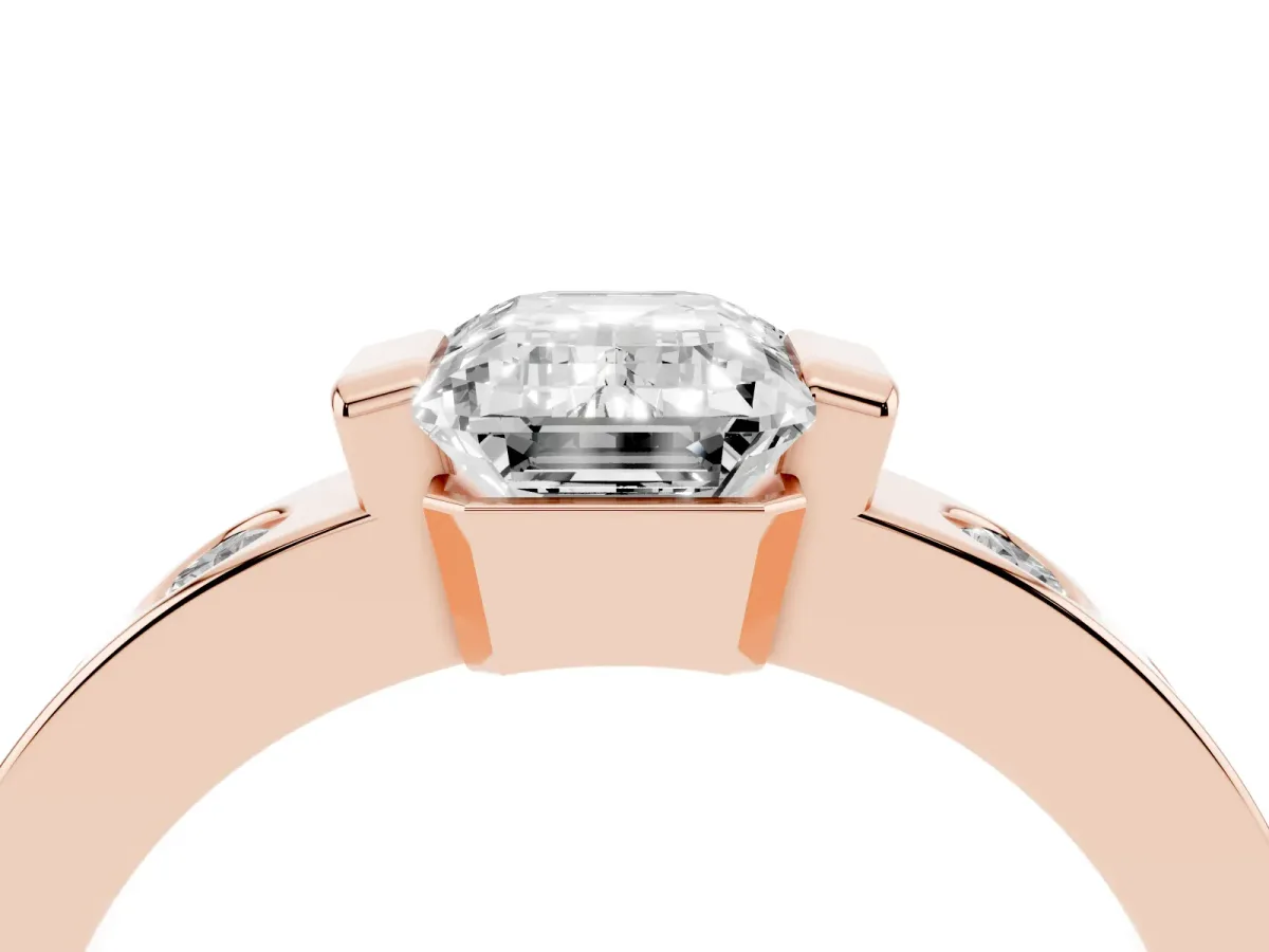 Emerald Cut Brilliant Channel-Set Diamond Ring with Bezel Prong Setting Rose gold