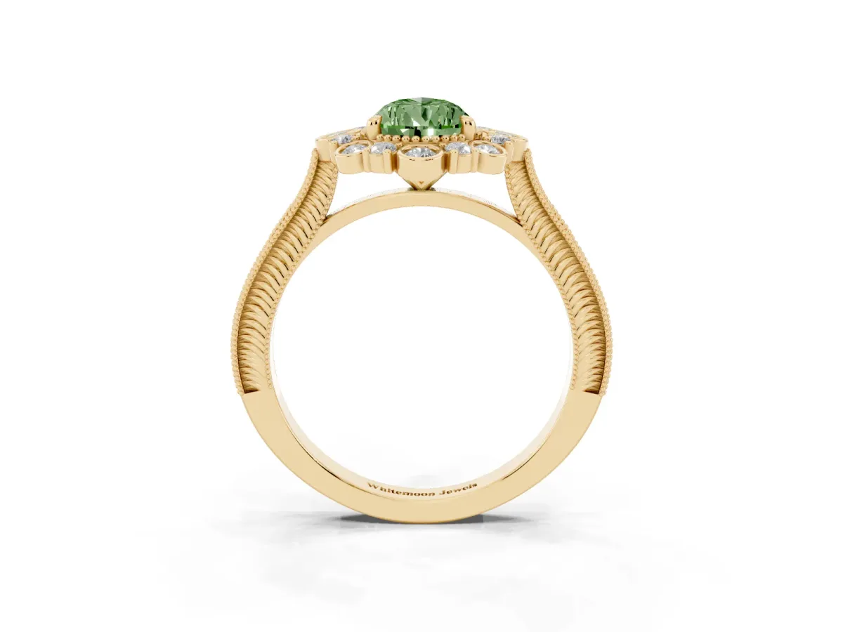 Fancy Green Pear Cut Halo Milgrain Pave Diamond Ring with Four-Prong Setting Yellow gold