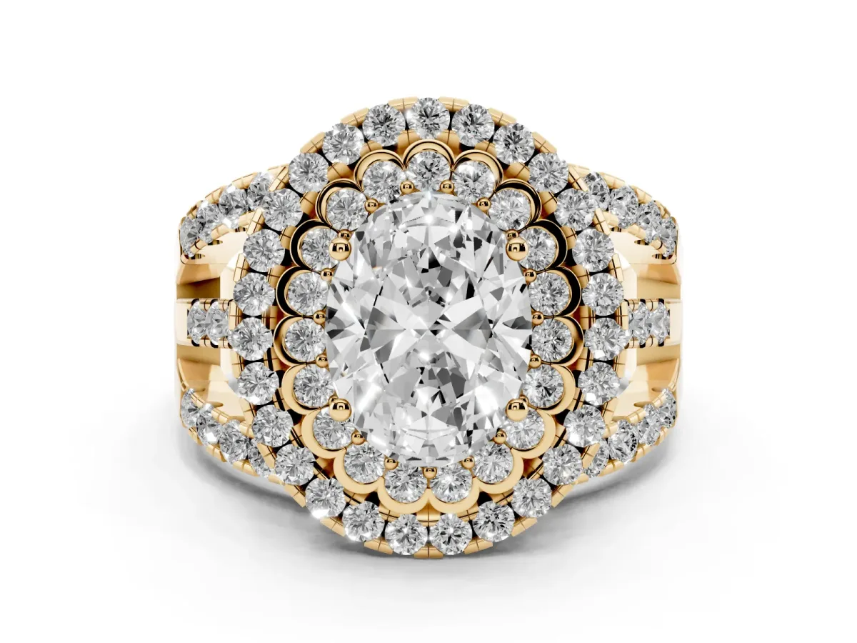 Oval Cut Diamond Double Halo Ring with Round Pavé Split Shank and Prong Setting Yellow gold