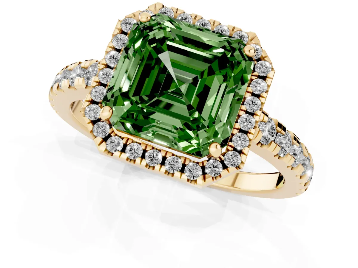 Fancy Green Asscher Cut Diamond Halo Ring with Pavé Band and Four-Prong Setting Yellow gold