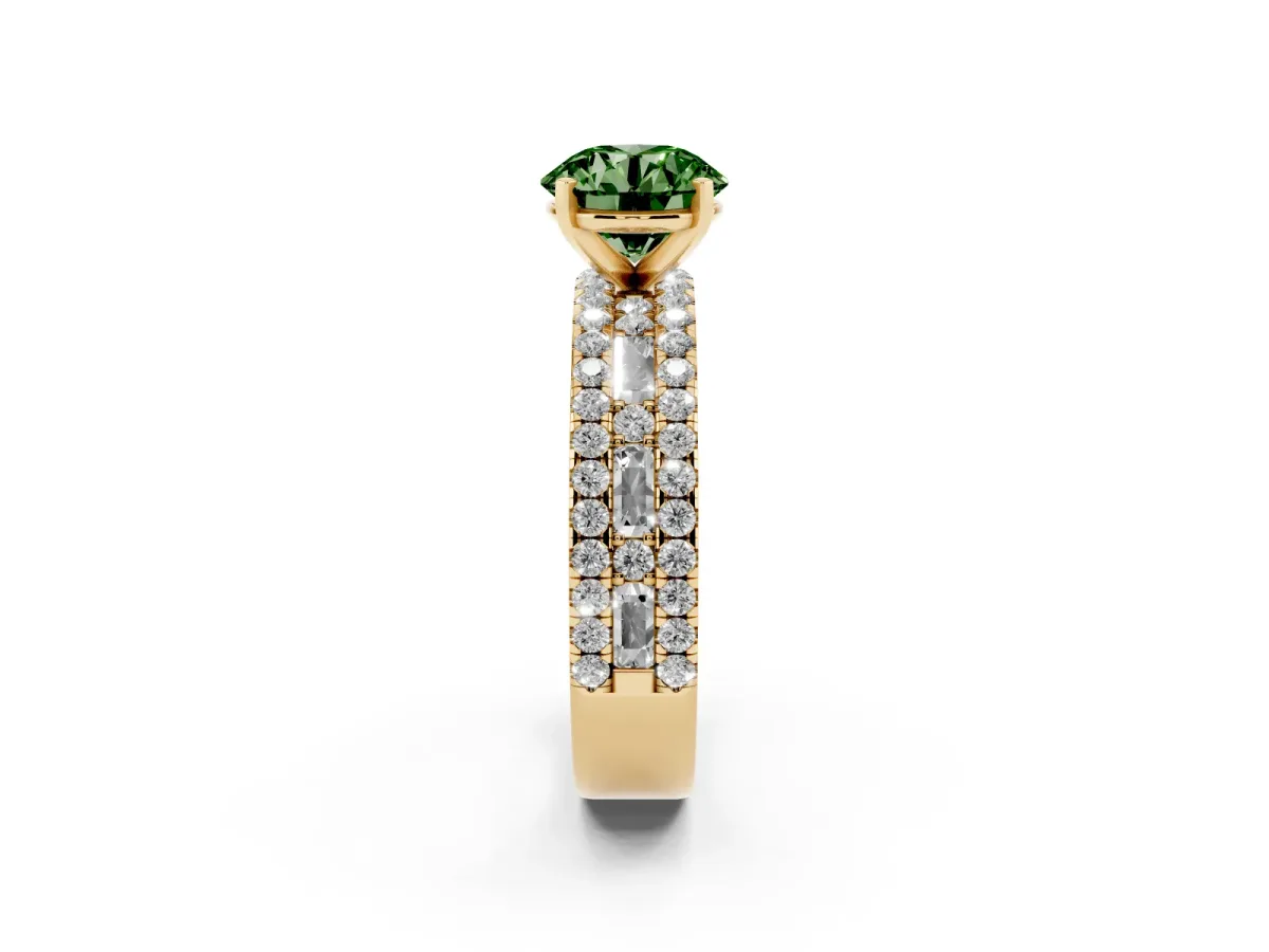Fancy Green Round Cut Diamond Solitaire Ring with Pavé and Channel Set Band Yellow gold