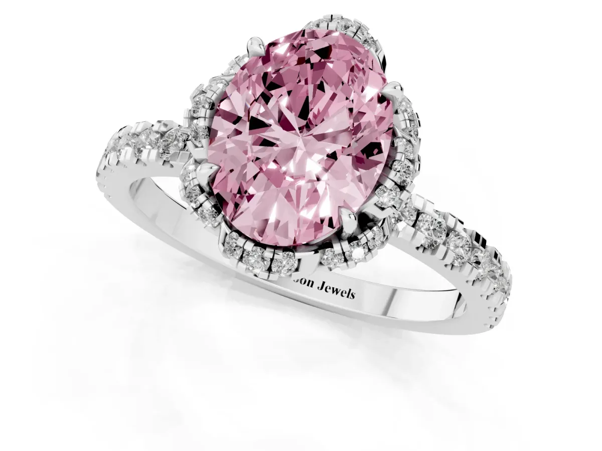 Fancy Pink Oval Cut Halo Diamond Pave Band Ring with Four-Prong Setting Silver