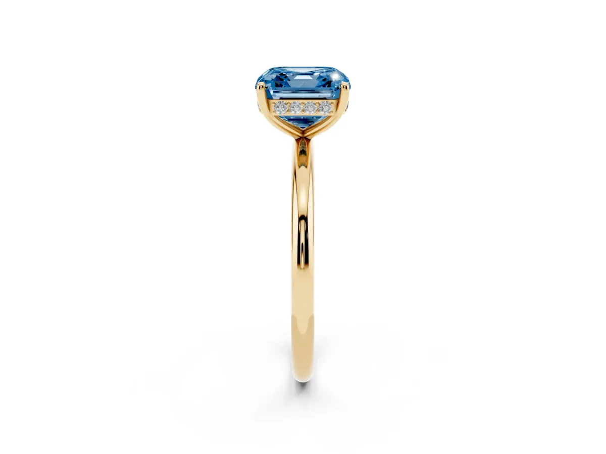 Fancy Blue Asscher Cut Solitaire Diamond Ring with a Classic Band and Four-Prong Setting Yellow gold