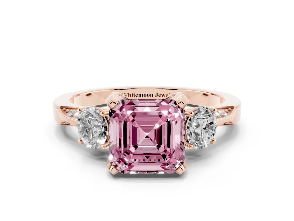 Fancy Pink Asscher Cut Brilliant Three-Stone Diamond Ring with Pavé Band and Four-Prong Setting Rose gold