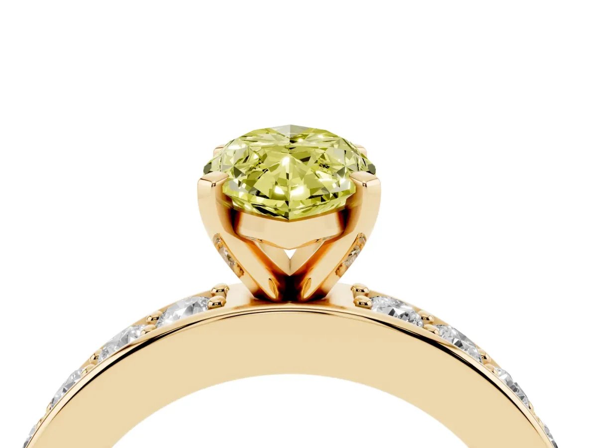 Fancy Yellow Marquise Cut Diamond Engagement Ring with Channel Set Round Band and Prong Setting Yellow gold