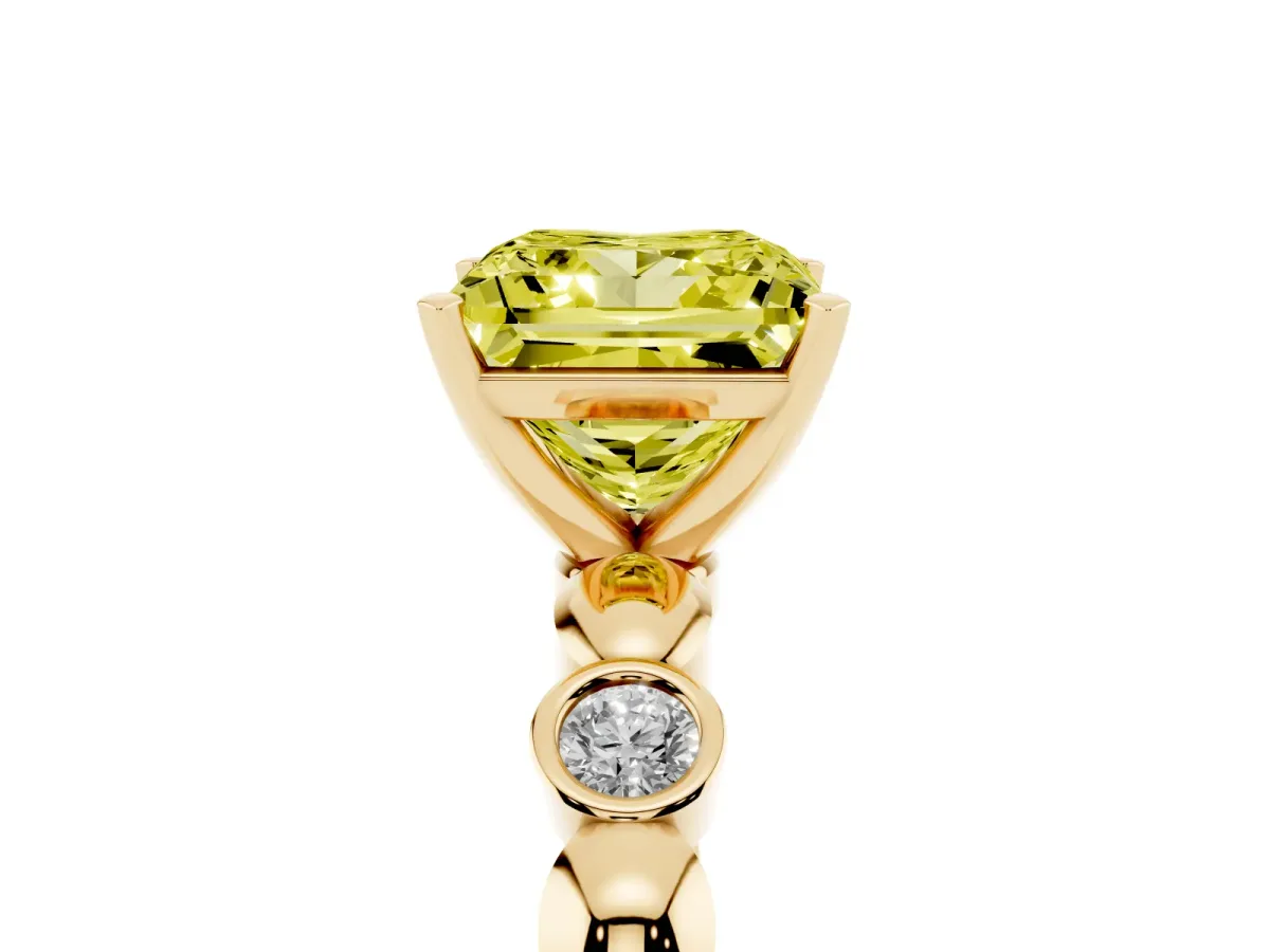 Fancy Yellow Princess Cut Solitaire Bezel-Set Diamond Ring with Beaded Band and Four-Prong Setting Yellow gold