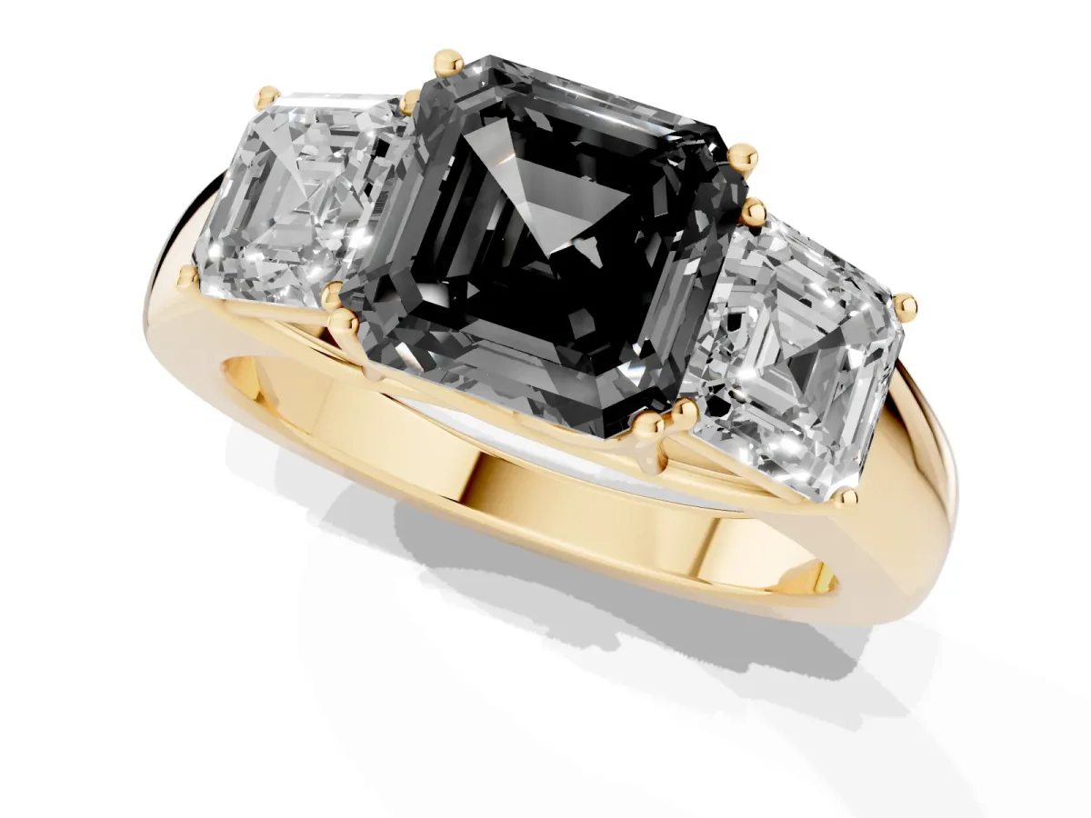 Fancy Black Three-Stone Asscher Cut Cut Diamond Ring with Prong Setting and Classic Band Yellow gold