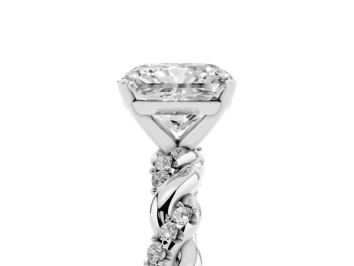 Radiant Cut Diamond Solitaire Ring with Twisted Band and Pavé Accents White gold