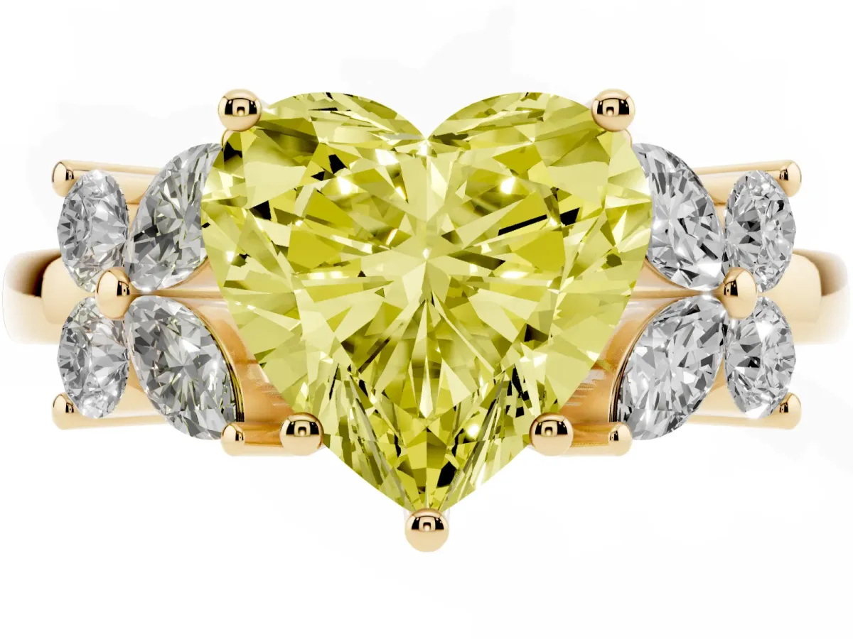 Fancy Yellow Heart Cut Diamond Floral Cluster Ring with Solitaire Band and Prong Setting Yellow gold