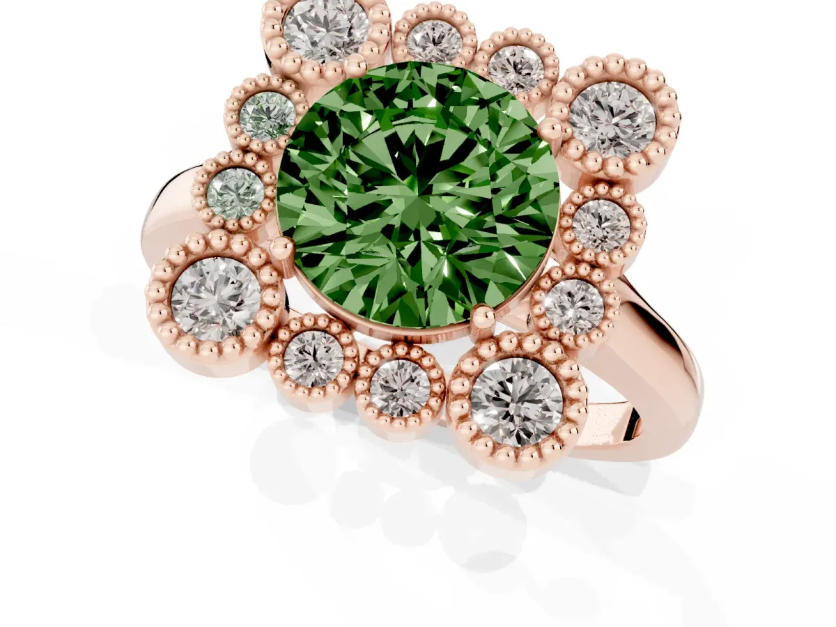 Fancy Green Round Cut Halo Diamond Cluster Engagement Ring with Milgrain Bezel Setting and Solitaire Band Rose gold