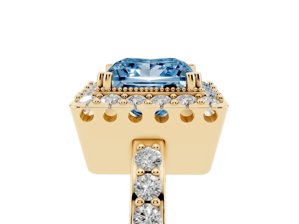 Fancy Blue Princess Cut Diamond Halo Ring with Pavé Band and Prong Setting Yellow gold