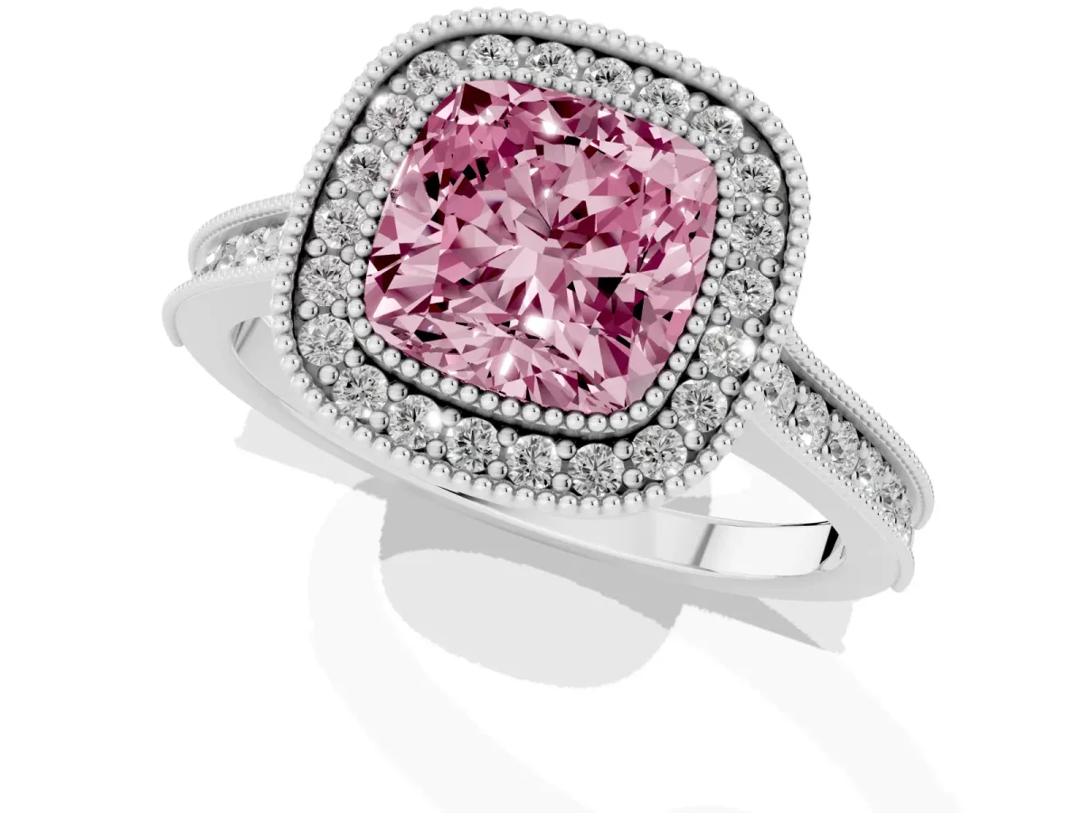 Fancy Pink Halo Cushion Cut-Cut Diamond Pave Band Milgrain Prong Setting Ring White gold