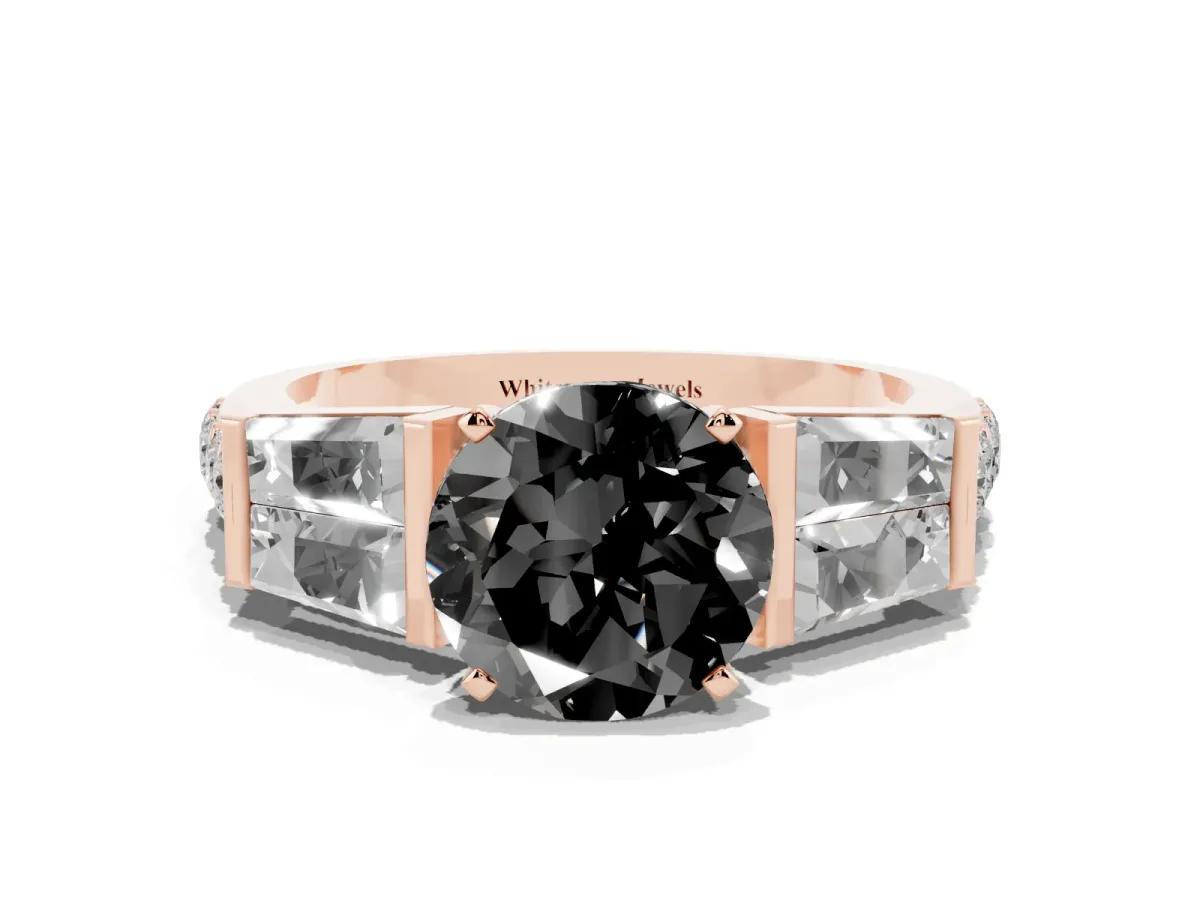 Fancy Black Round Cut Diamond Engagement Ring with Baguette Side Stones and Channel Set Band Rose gold
