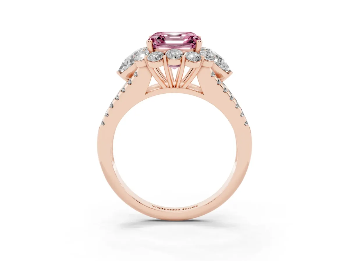 Fancy Pink Asscher Cut Halo Split Shank Diamond Engagement Ring with Prong Setting Rose gold