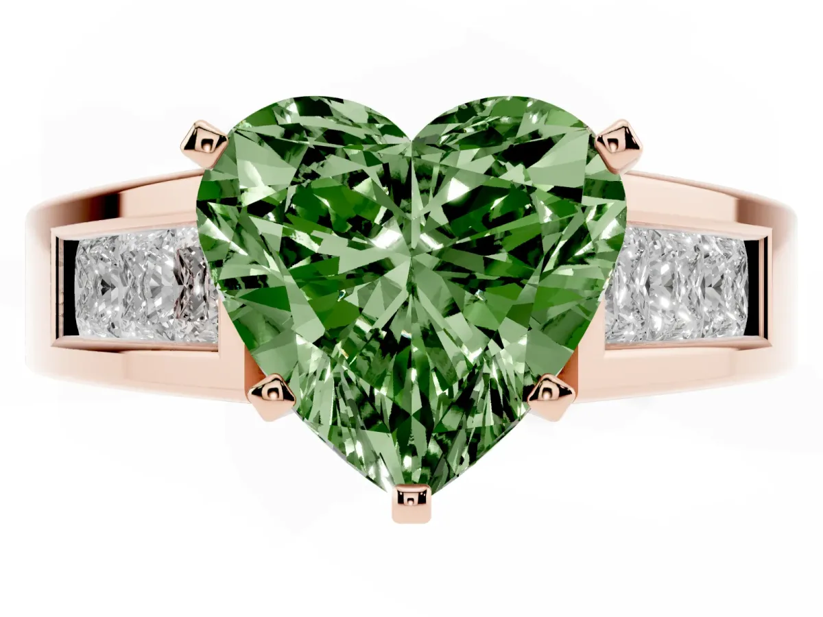 Fancy Green Heart Cut Cut Channel Set Solitaire Ring with Four-Prong Setting Rose gold