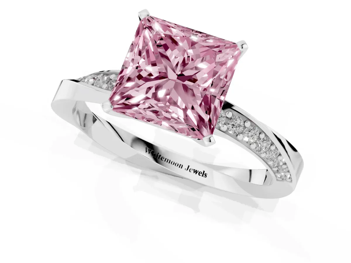 Fancy Pink Princess Cut Diamond Engagement Ring with Side Stone Accents and Four-Prong Setting Platinum