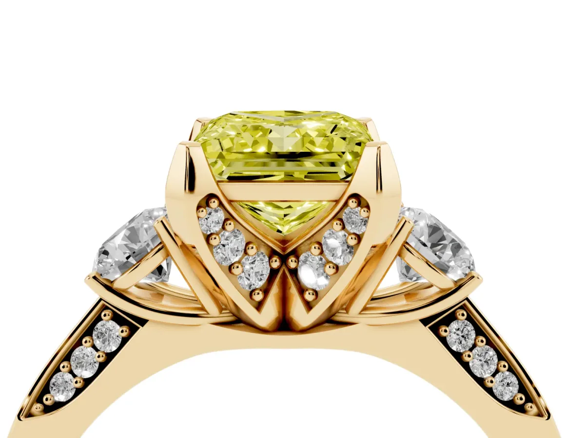 Fancy Yellow Princess Cut Brilliant Three-Stone Diamond Ring with Pavé Band and Four-Prong Setting Yellow gold