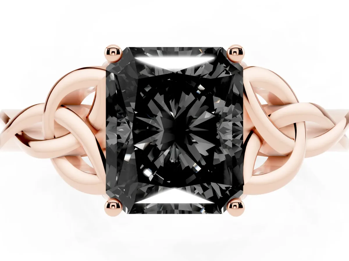 Fancy Black Radiant Cut Diamond Solitaire Engagement Ring with Celtic Knot Band and Four-Prong Setting Rose gold