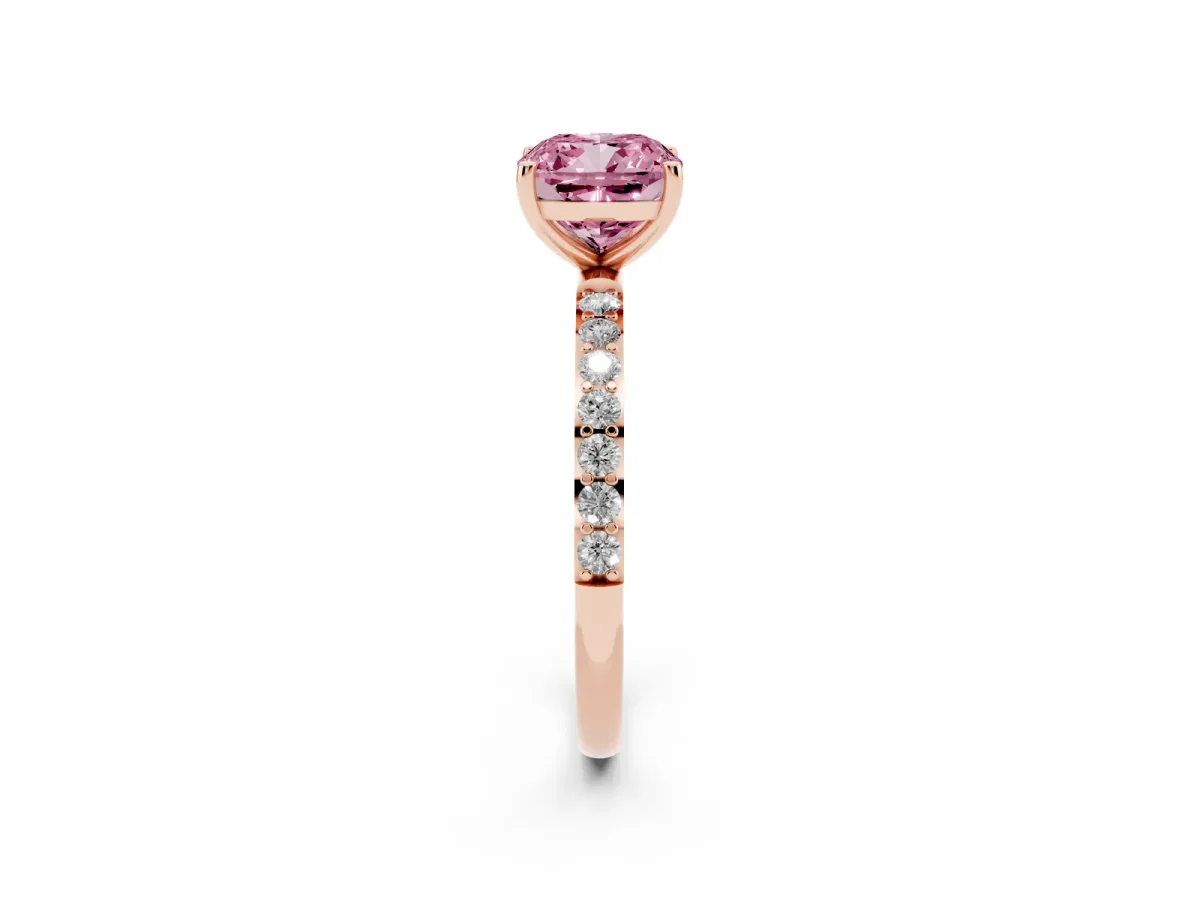 Fancy Pink Cushion Cut Diamond Solitaire Ring with Round Pavé Shoulders and Prong Setting Rose gold