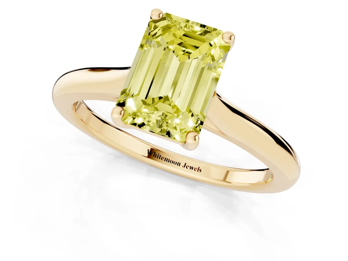 Fancy Yellow Emerald Cut Cut Solitaire Ring with Cathedral Band and Four-Prong Setting Yellow gold