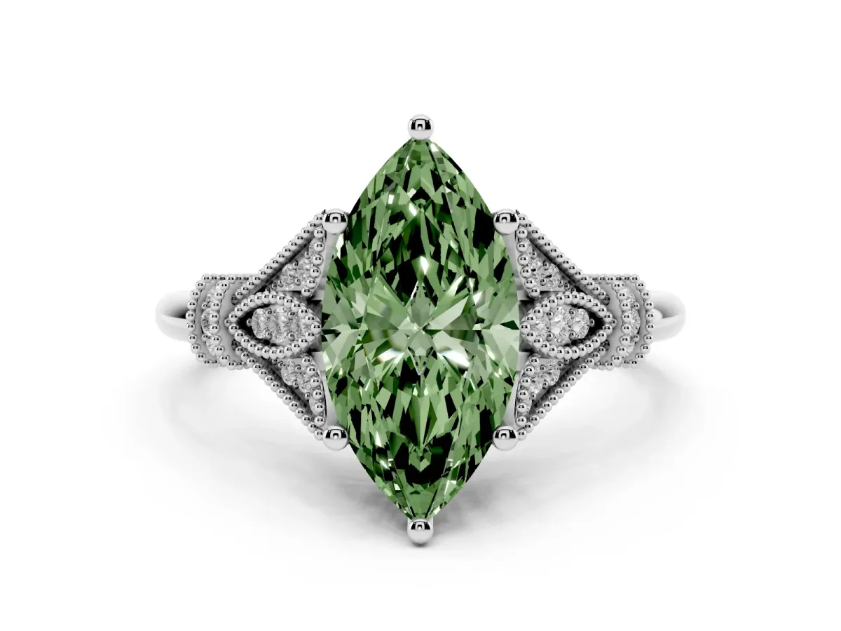 Fancy Green Marquise Cut Diamond Solitaire Ring with Floral Filigree and Pave Accents Platinum