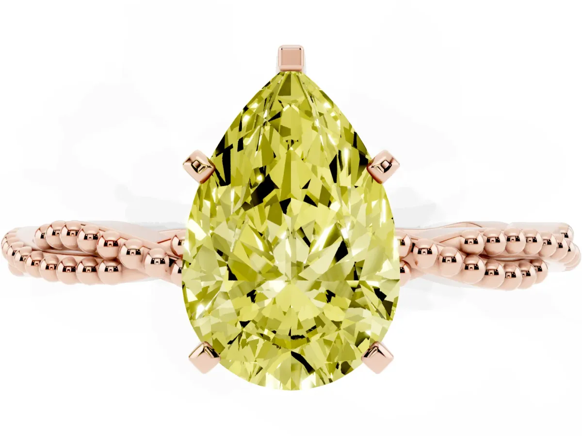 Fancy Yellow Pear Cut Solitaire Twisted Band with Bead Prong Setting Rose gold