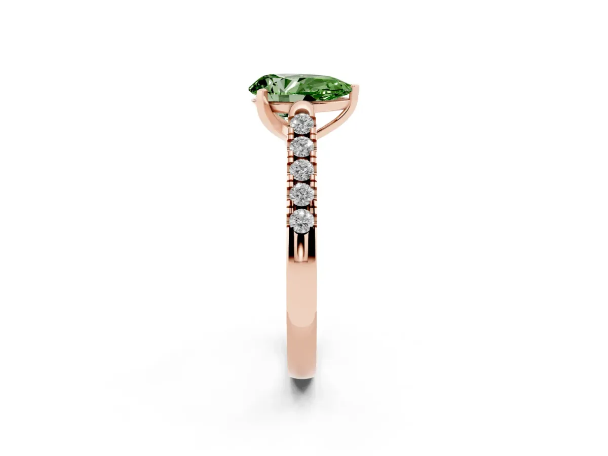 Fancy Green Pear Cut Diamond Pavé Band Solitaire Ring with Prong Setting Rose gold