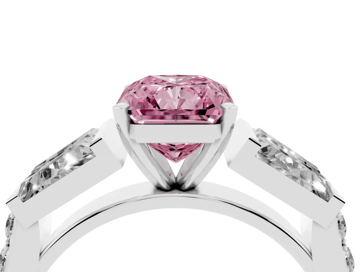 Fancy Pink Radiant Cut Diamond Engagement Ring with Baguette Side Stones and Channel Set Band Platinum