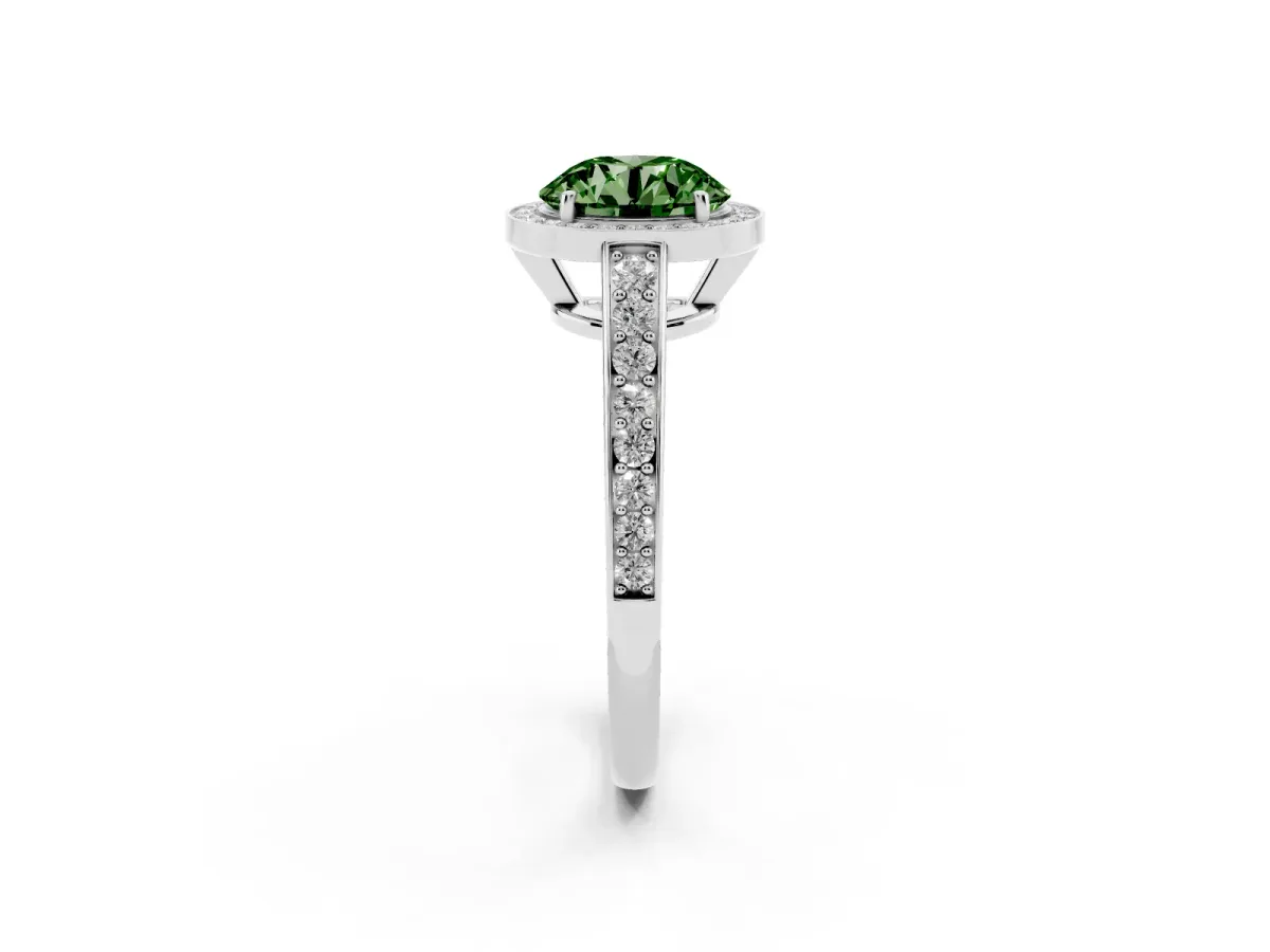 Fancy Green Round Cut Halo Pavé Diamond Engagement Ring with Bezel Setting Silver