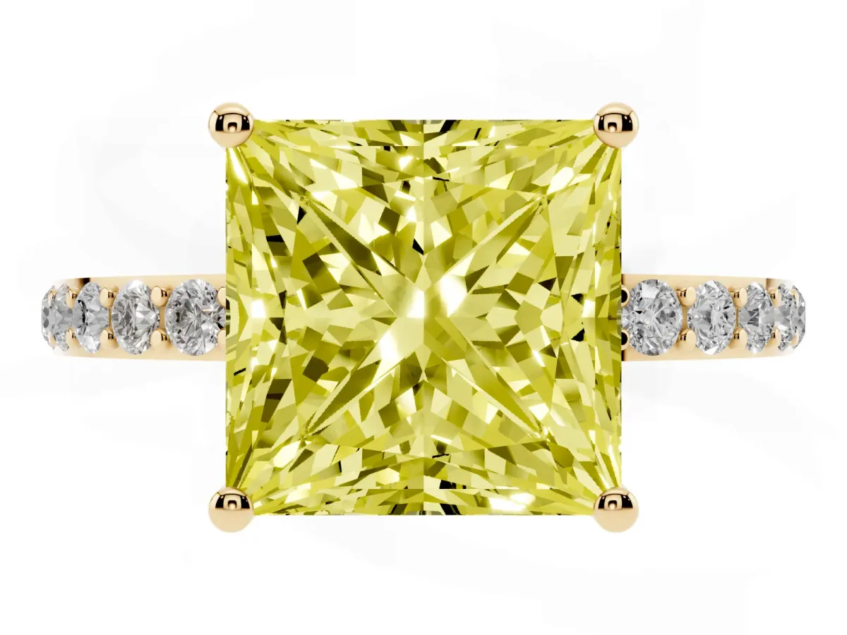 Fancy Yellow Princess Cut Diamond Solitaire Ring with Round Pavé Shoulders and Prong Setting Yellow gold